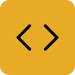 Black code brackets icon on a rounded mustard yellow square background.