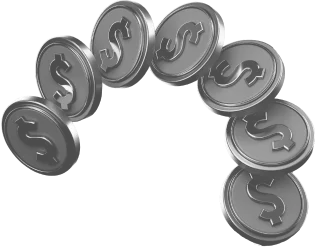 Stack of shiny black coins with dollar signs arranged in an arch formation.
