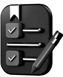 3D icon of a black checklist with two checked boxes, horizontal lines, a bookmark at the top, and a pen on the right side.