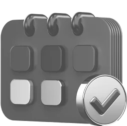 Black calendar icon with a silver checkmark badge in front.