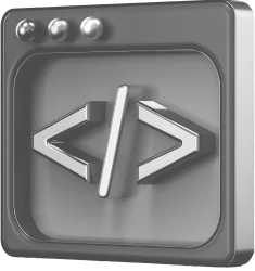 Black 3D computer window icon displaying white code brackets and forward slash symbol.
